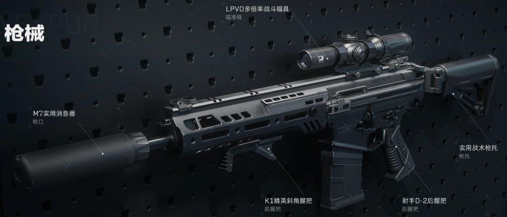 《三角洲行动》官方武器改装界面概念图或实际截图，展示丰富的配件选项